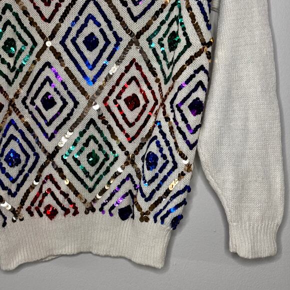 Vintage 1980s Sequins Sweater Princess Collection Rainbow Harlequin Design Sz L - Picture 9 of 16